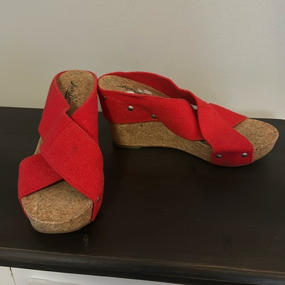 Lucky Brand Cork Heels Wedges Red straps - Picture 1 of 5